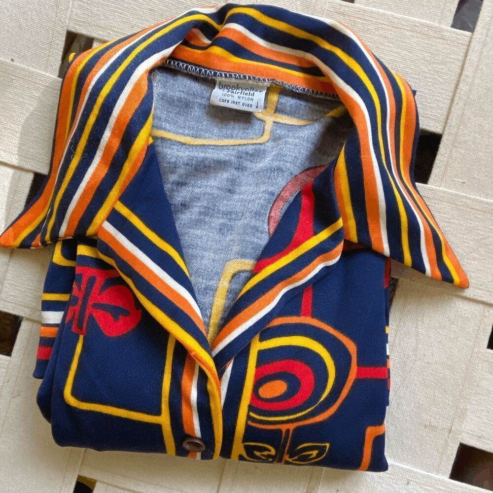 VTG 70s Psychedelic Mod Disco Shirt Geometric Print Fitted Button Up Top - Picture 3 of 13